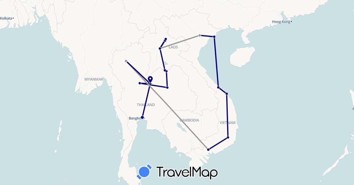 TravelMap itinerary: driving, plane in Laos, Thailand, Vietnam (Asia)